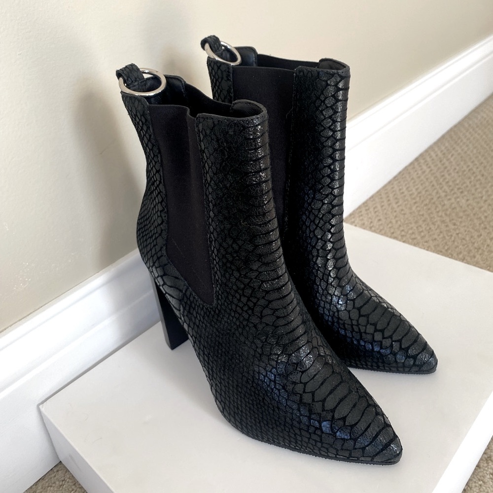 PAIGE Black Textured Pointed-Toe Heeled Ankle Boots